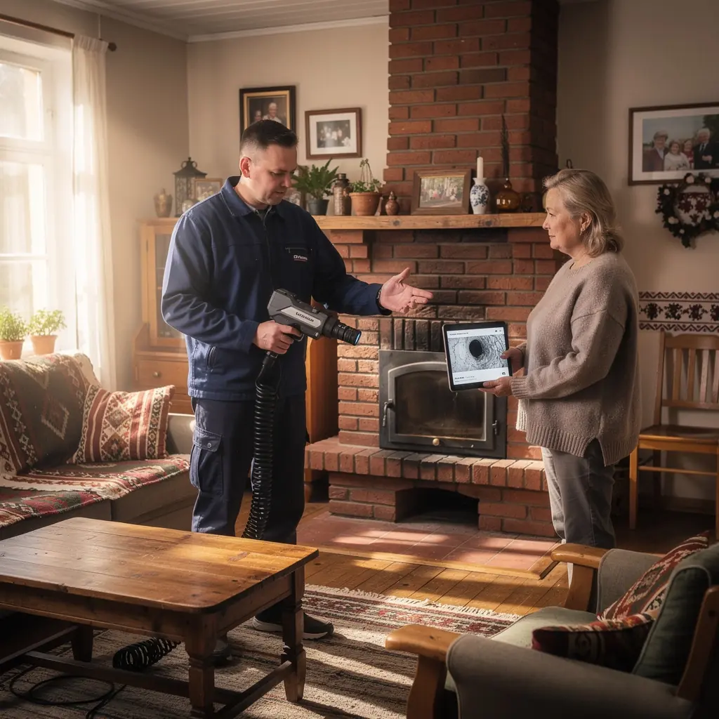 Tīrs un drošs kamīns pēc profesionālas skursteņa apkalpošanas.